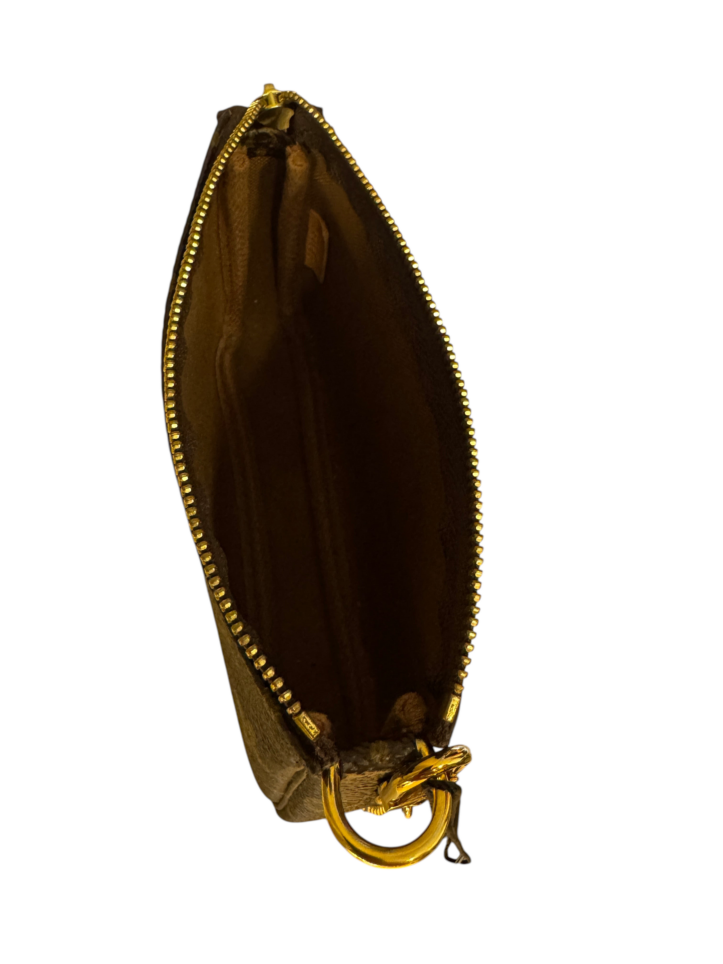 Brandsamsara Louis Vuitton Monogram Mini Pochette handbag interior view with gold zipper and hardware