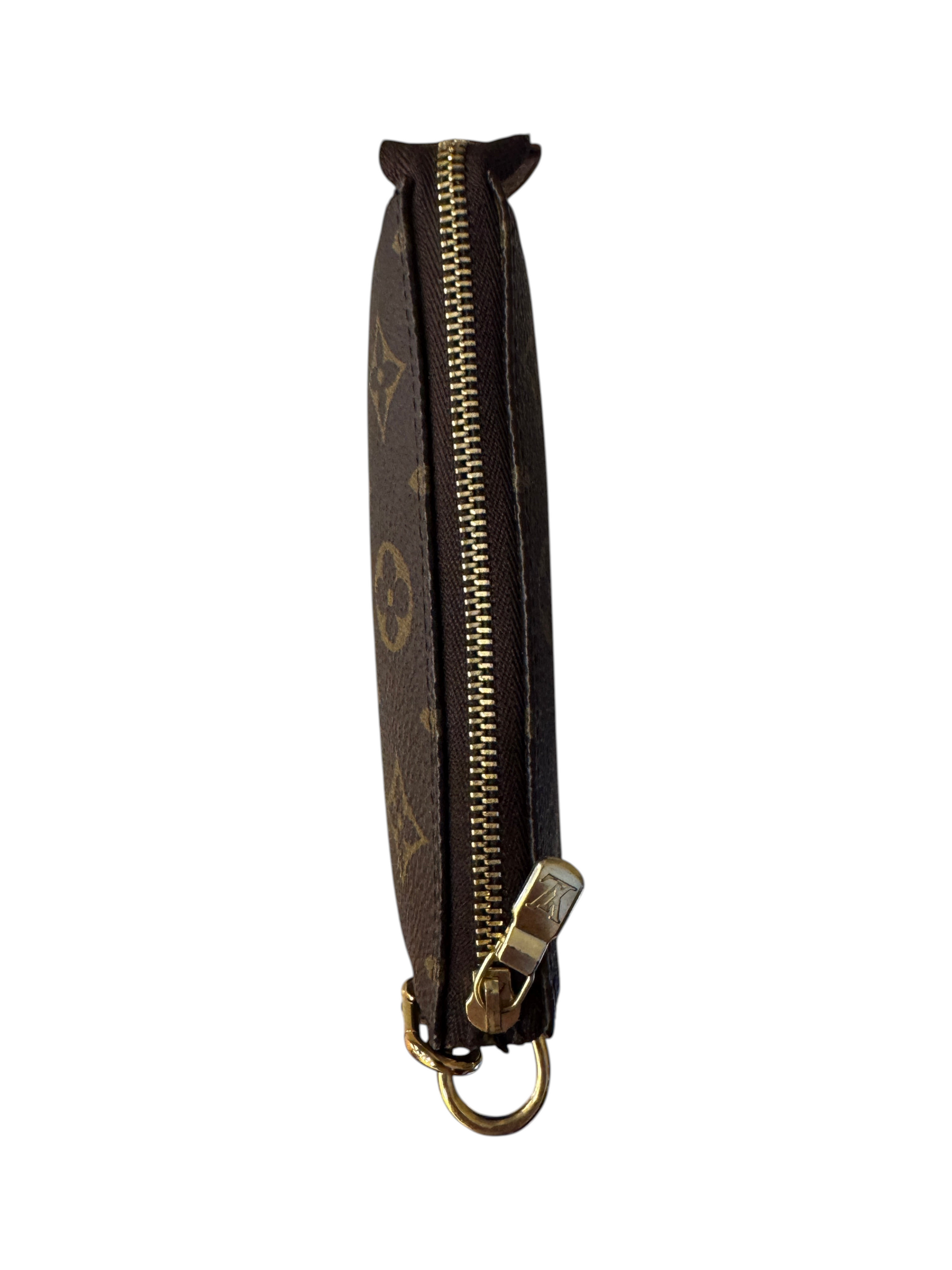 Brandsamsara Louis Vuitton Monogram Mini Pochette handbag in brown leather with gold-tone zipper side view