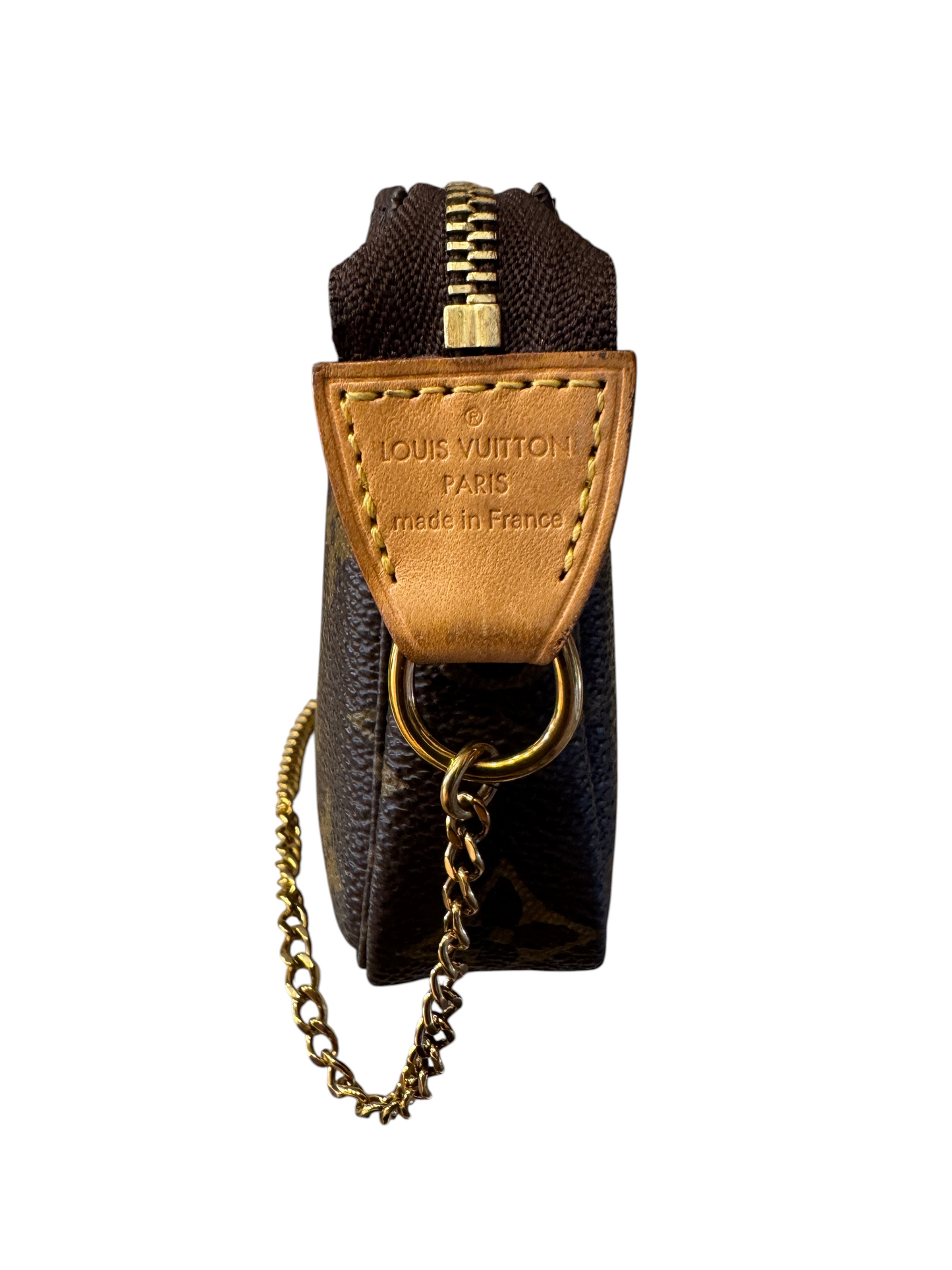 Brandsamsara Louis Vuitton Monogram Mini Pochette handbag side view with gold chain and leather tab detail