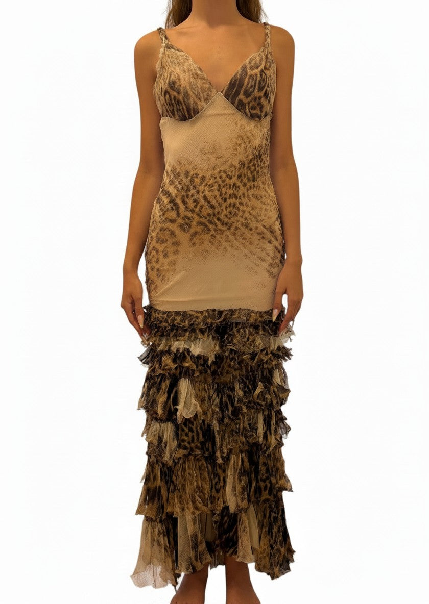 Brandsamsara Roberto Cavalli leopard print midi dress with a sweetheart neckline and layered ruffled hem