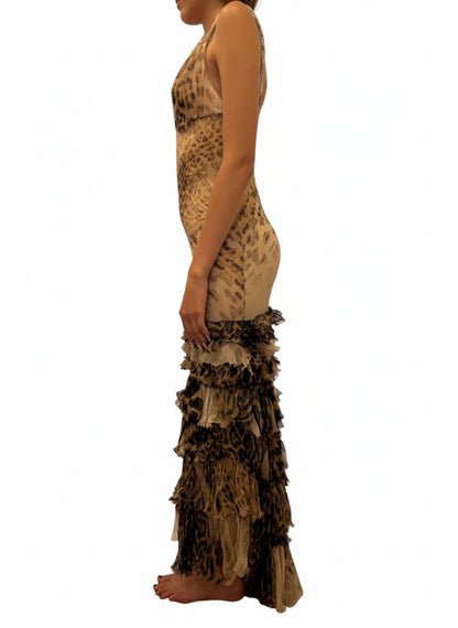 Brandsamsara Roberto Cavalli sleeveless leopard print maxi dress with tiered ruffled hem, side view