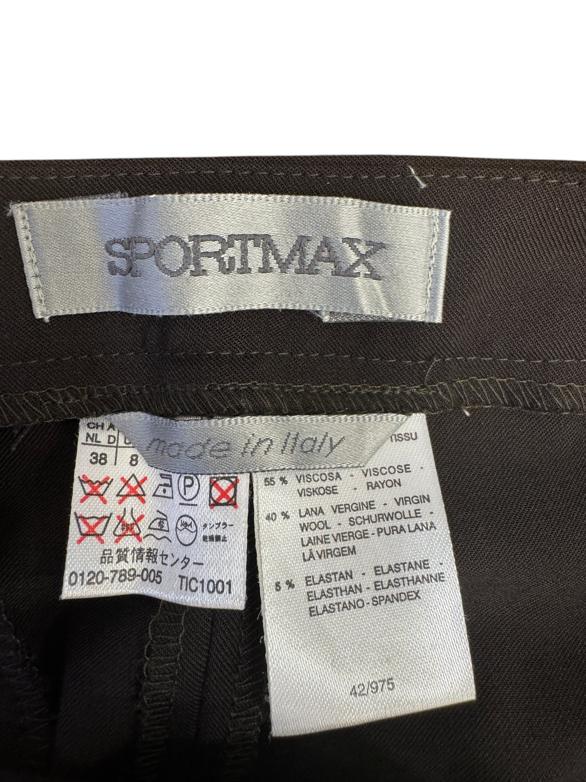 Brandsamsara Sportmax brown viscose blend suit label with care instructions and Made in Italy tag