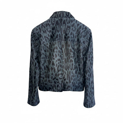 Brandsamsara Versace jacket with a grey and black leopard print. Features a collared neckline and button-up front.