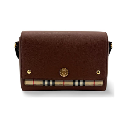 Burberry Note Leather with Vintage Check Canvas, Brown, Leather, Crossbody Bag