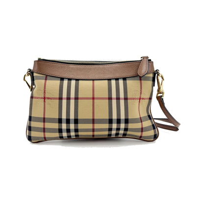 Burberry Peyton Crossbody Clutch Haymarket Coated Canvas, Brown, Canvas, Crossbody Bag