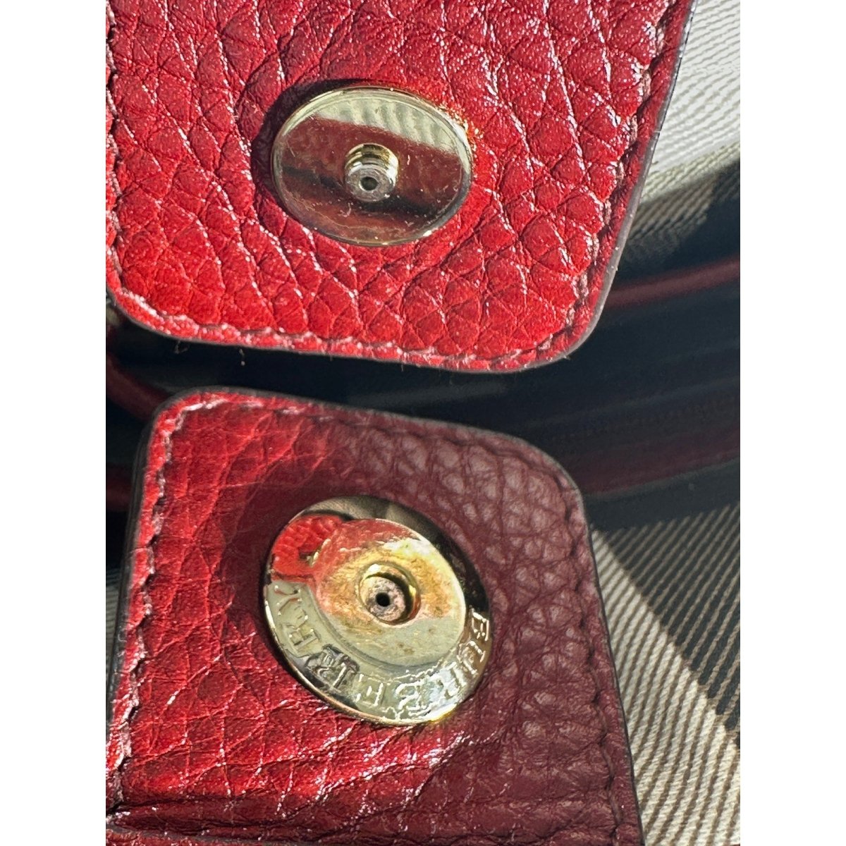 BURBERRY Red Calf Leather Shoulder Bag Nova Check Lining Purse Handbag Tote - Brandsamsara