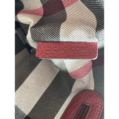 BURBERRY Red Calf Leather Shoulder Bag Nova Check Lining Purse Handbag Tote - Brandsamsara