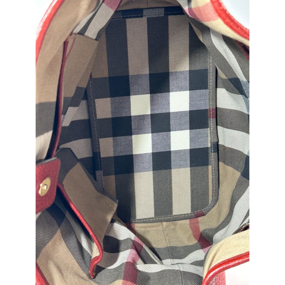 BURBERRY Red Calf Leather Shoulder Bag Nova Check Lining Purse Handbag Tote - Brandsamsara