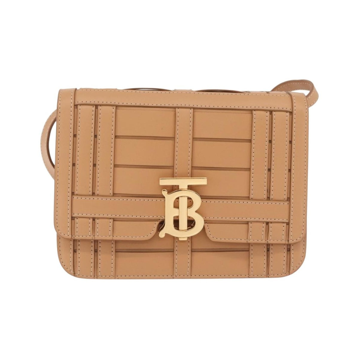 Burberry TB Flap Woven Leather, Beige, Leather, Handbag