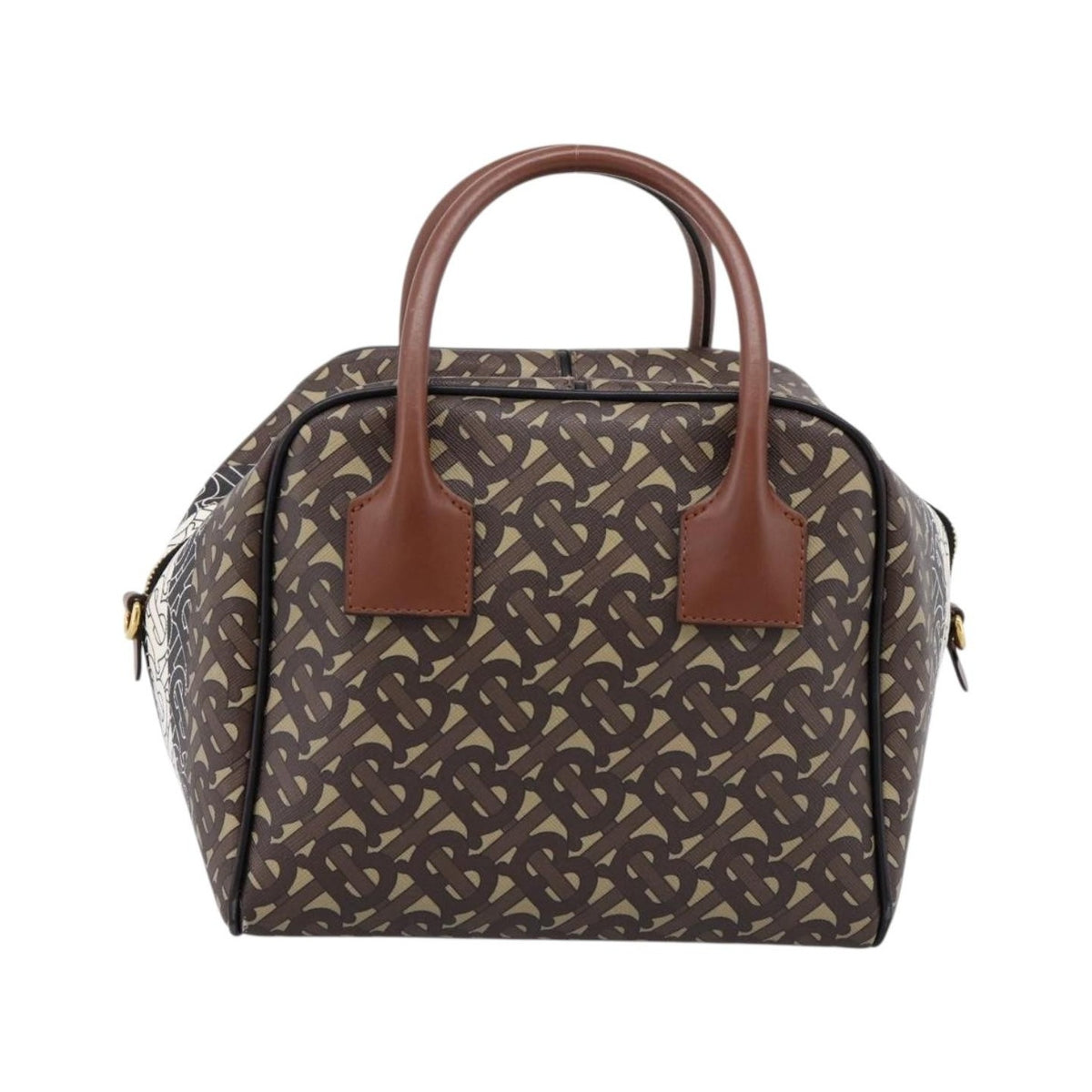 Burberry TB Half Cube Duffle Monogram Embossed Leather, Brown, Canvas, Handbag