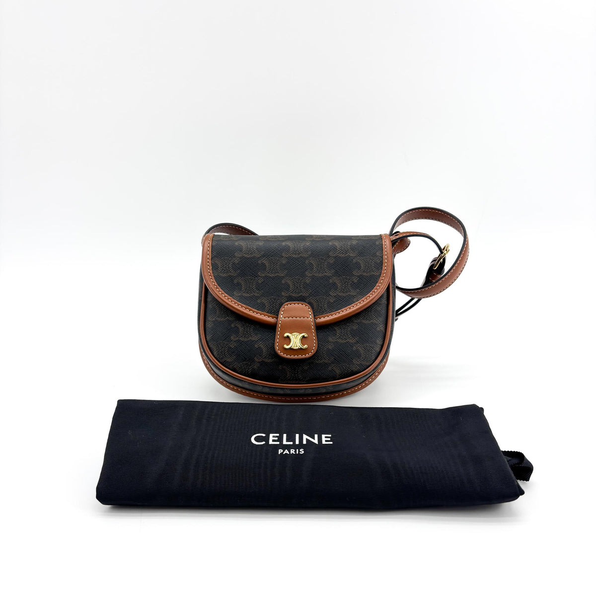 Celine Besace Flap Triomphe Coated Canvas, Black, Calfskin, Handbag