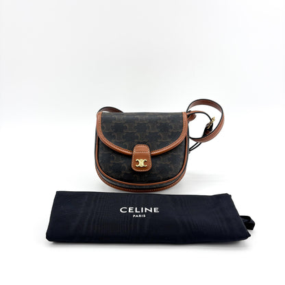 Celine Besace Flap Triomphe Coated Canvas, Black, Calfskin, Handbag