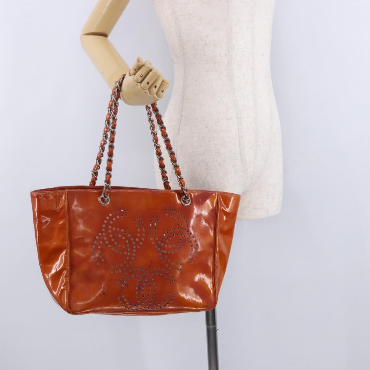 Chanel Triple CC Perforated Patent, Orange, Patent Leather, Tote Bag