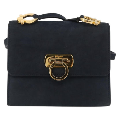 Salvatore Ferragamo Gancini Flap Suede, Navy, Suede, Shoulder Bag
