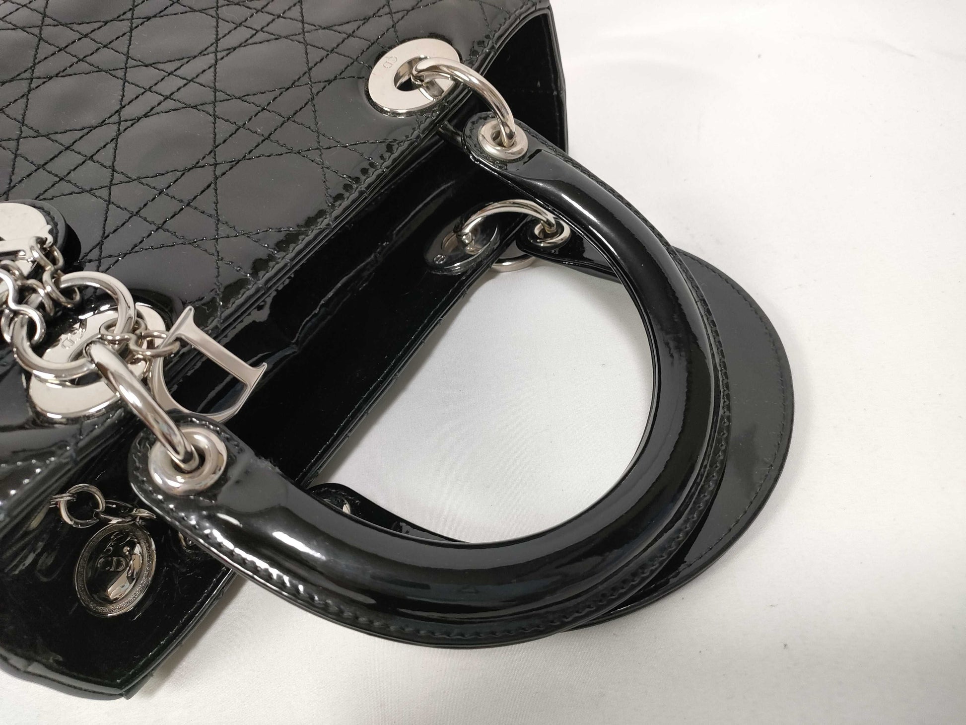 Christian Dior Lady Dior Patent, Black, Patent Leather, Handbag