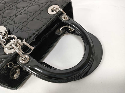 Christian Dior Lady Dior Patent, Black, Patent Leather, Handbag