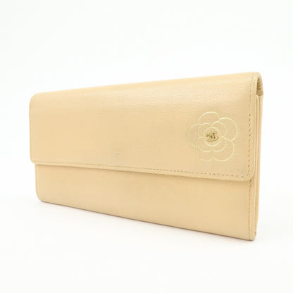 Chanel Camellia Flap Leather, Beige, Calfskin, Wallet