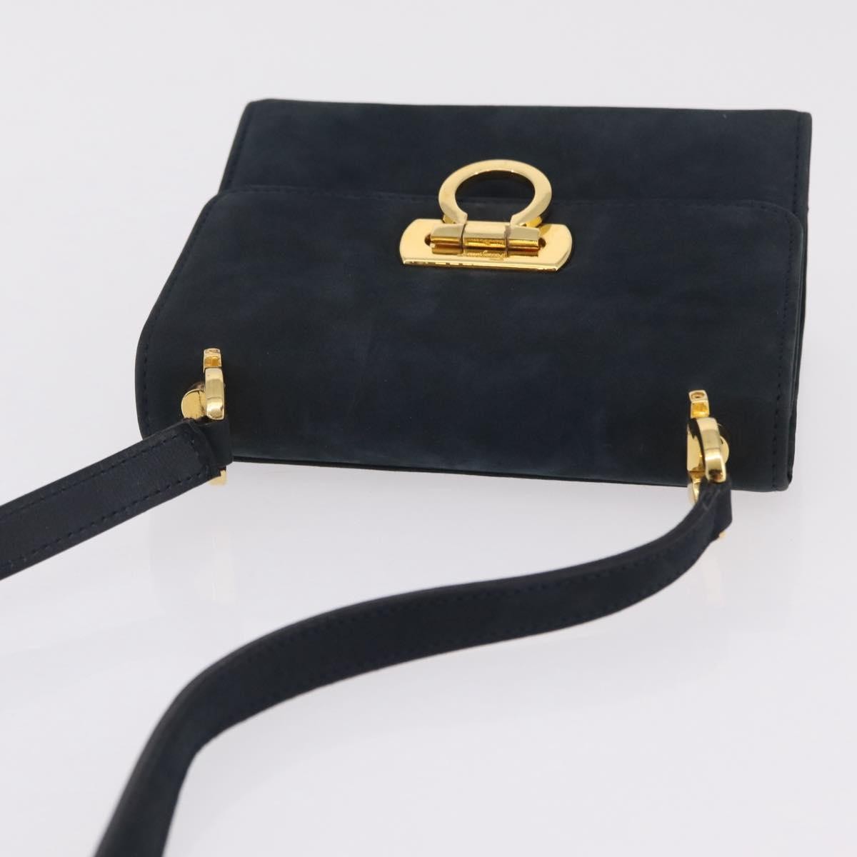 Salvatore Ferragamo Gancini Flap Suede, Navy, Suede, Shoulder Bag