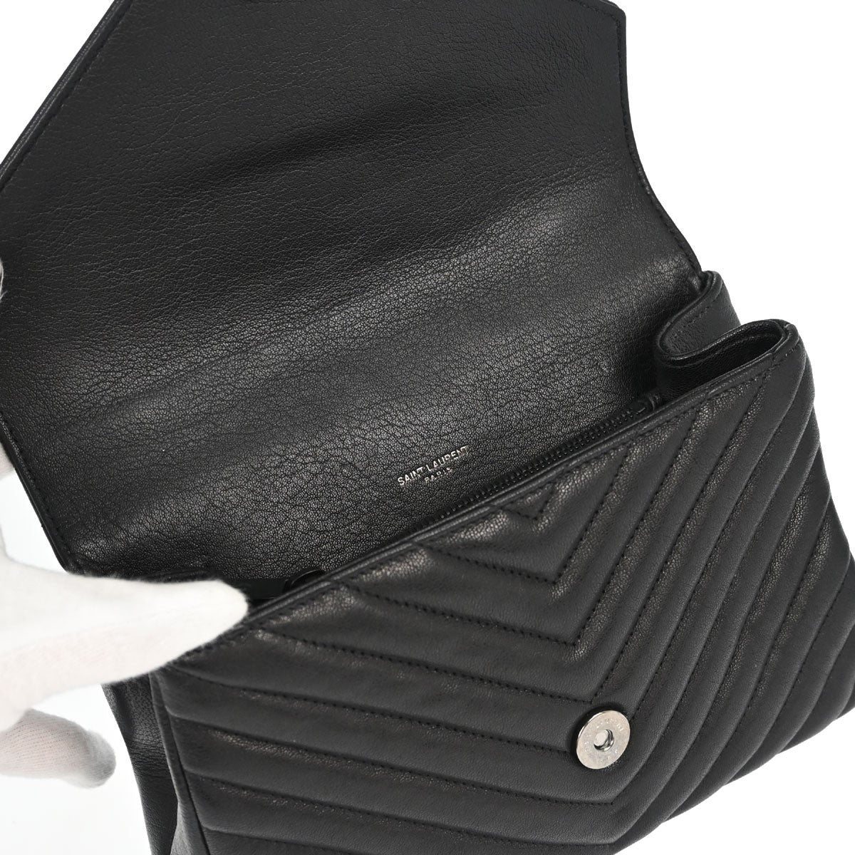 Saint Laurent Classic Monogram College Matelasse Chevron Leather, Black, Leather, Handbag