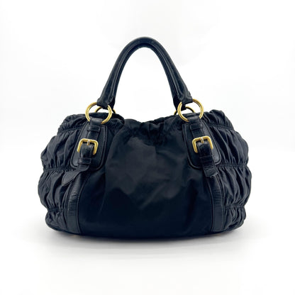 Prada Gaufre Convertible Satchel Leather and Tessuto, Black, Nylon, Handbag