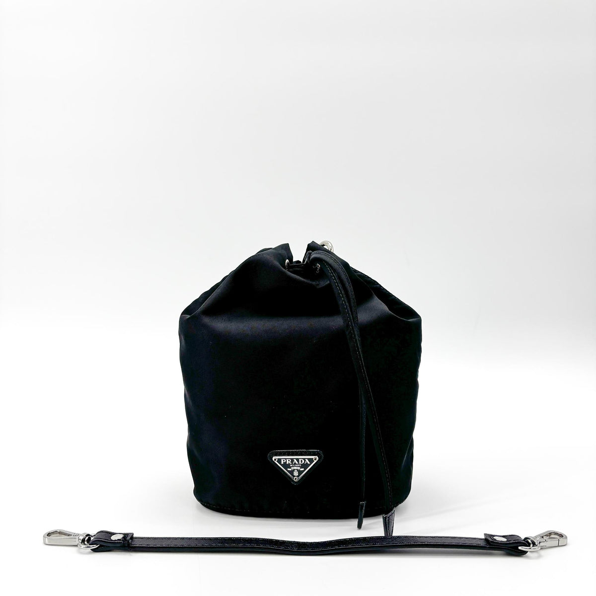 Prada Vela Drawstring Bucket Tessuto, Black, Nylon, Clutch