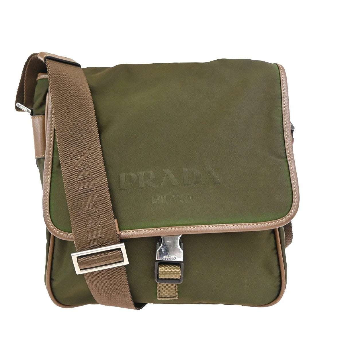 Prada Logo Buckle Messenger Nylon, Khaki, Nylon, Handbag