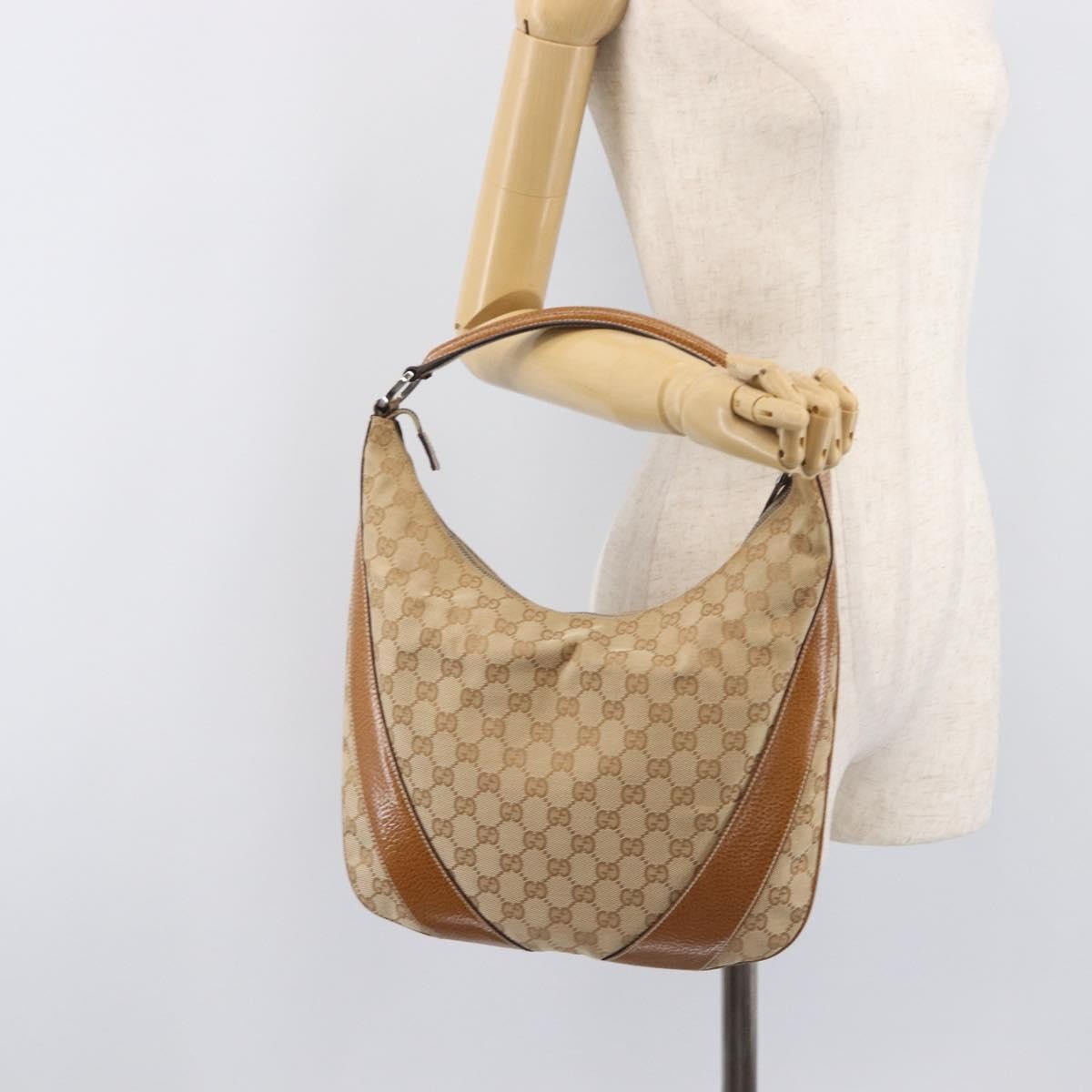 Gucci Vintage Zip Hobo GG Canvas with Leather, Beige, Canvas, Shoulder Bag