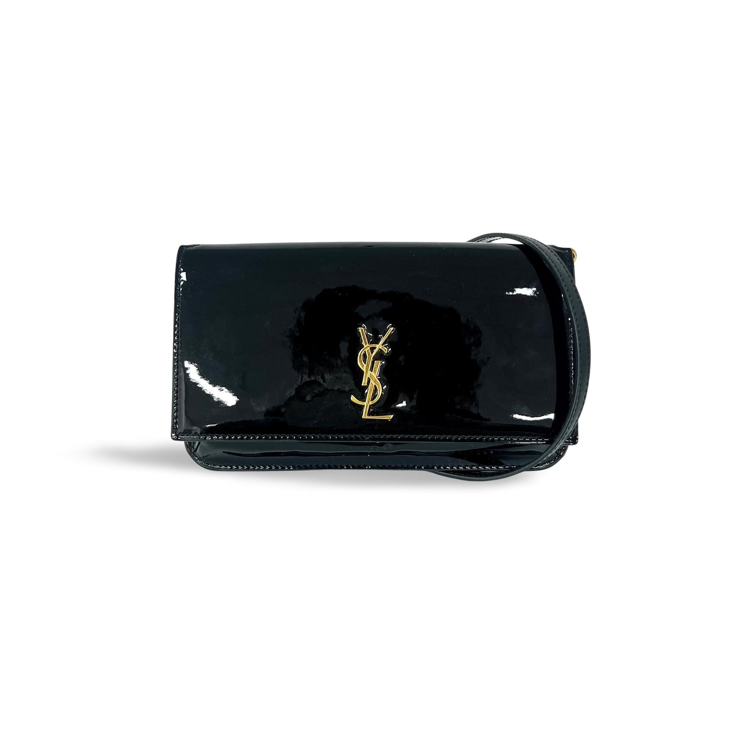 Saint Laurent Cassandre Flap Wristlet Patent, Black, Patent Leather, Handbag