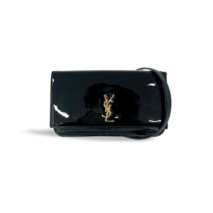 Saint Laurent Cassandre Flap Wristlet Patent, Black, Patent Leather, Handbag