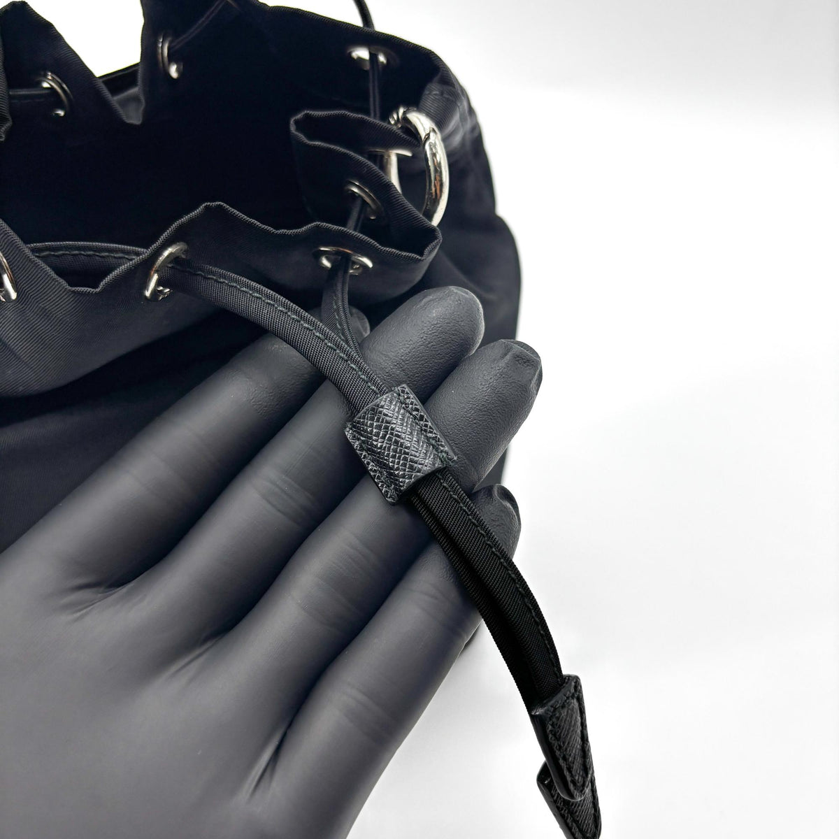 Prada Vela Drawstring Bucket Tessuto, Black, Nylon, Clutch