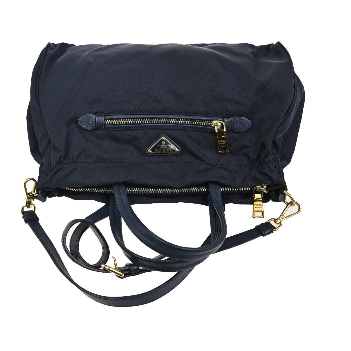 Prada Zip Convertible Shopping Tessuto with Saffiano Leather, Navy, Nylon, Tote Bag