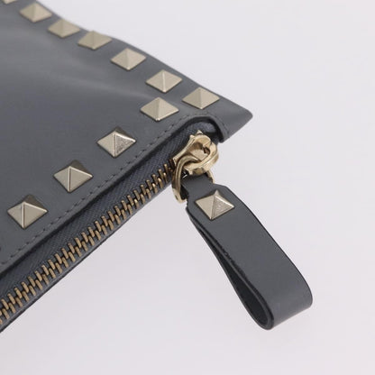 Valentino Garavani Rockstud Pouch Leather, Gray, Leather, Clutch