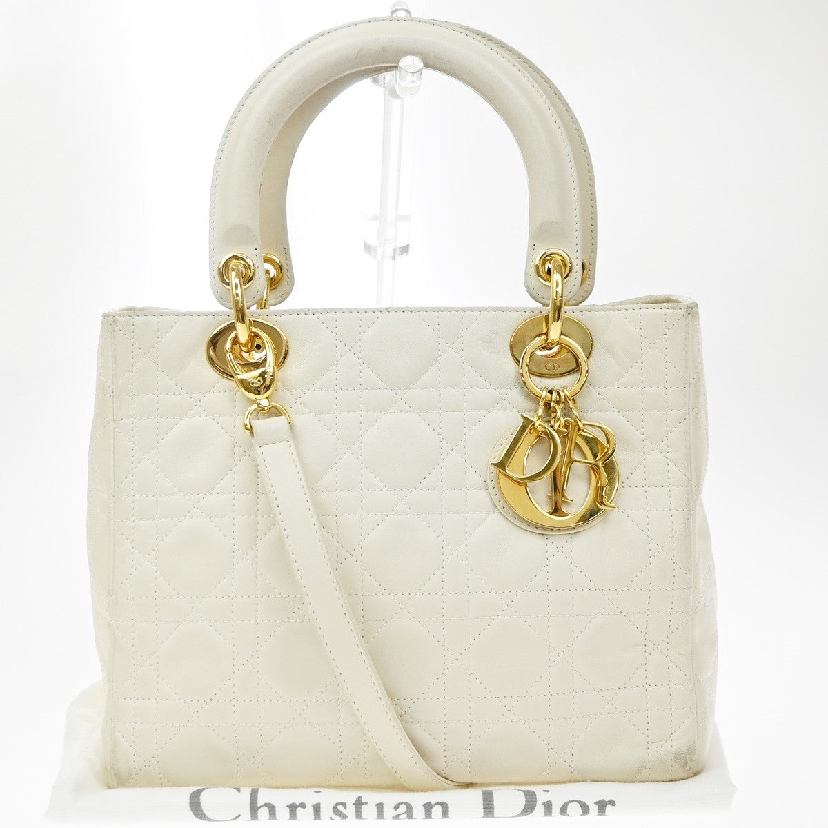 Christian Dior Lady Dior Cannage Quilt Leather, White, Leather, Handbag