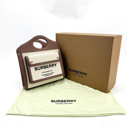 Burberry Logo Pocket Leather with Check Canvas, Brown, Canvas, Tote Bag