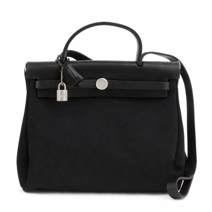 Hermes Herbag Zip Leather and Toile, BLACK, CANVAS, Handbag