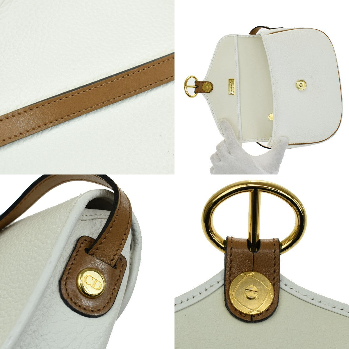 Christian Dior Vintage CD Flap Leather, White, Leather, Shoulder Bag