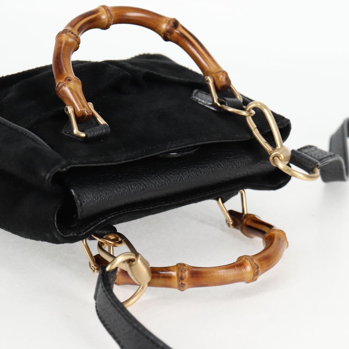 Gucci Vintage Bamboo Front Pocket Suede, Black, Suede, Tote Bag