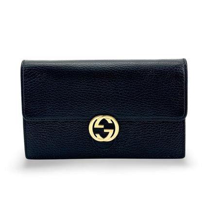 Gucci Interlocking Wallet on Chain Leather, Black, Leather, Shoulder Bag