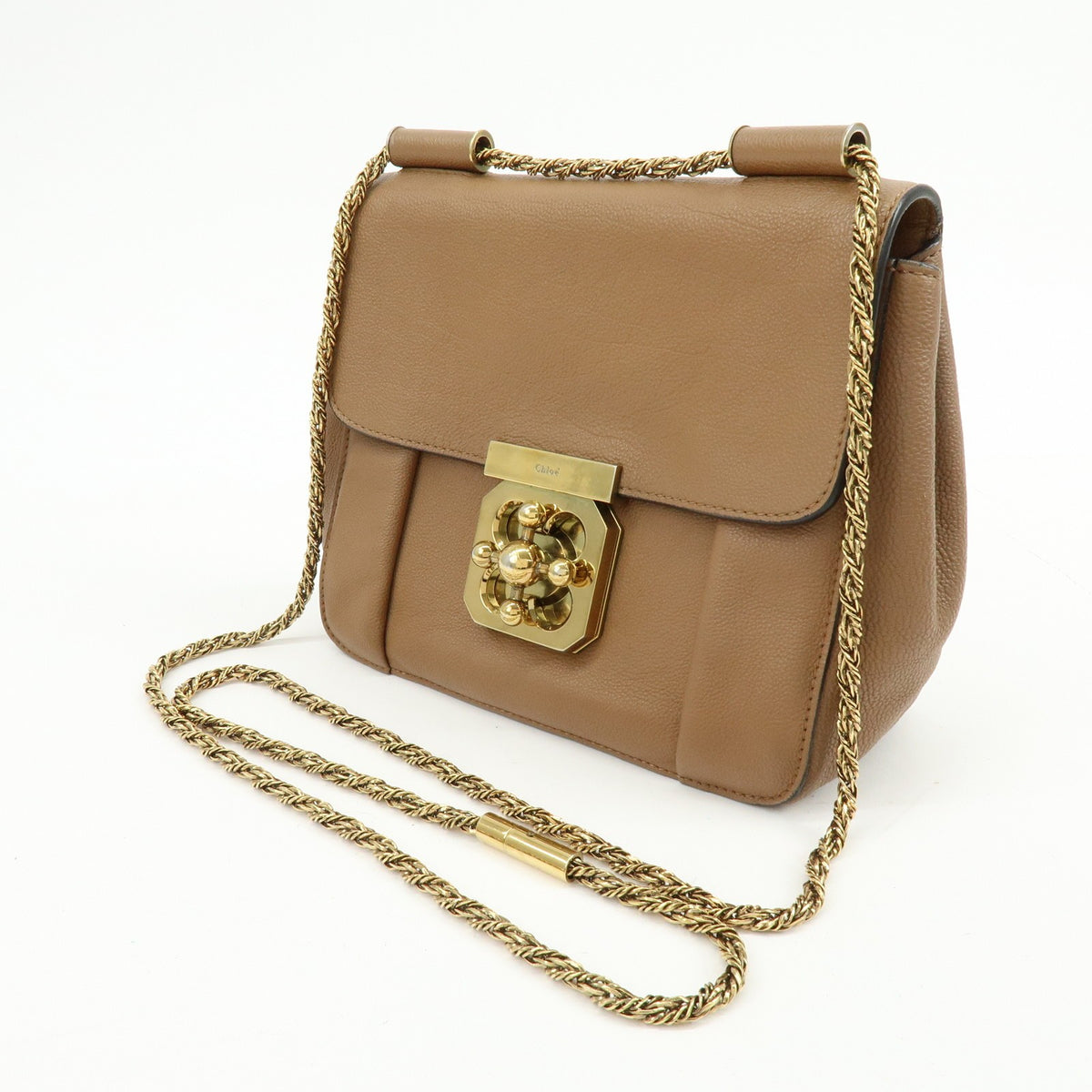 Chloe Elsie Chain Leather, Brown, Leather, Shoulder Bag