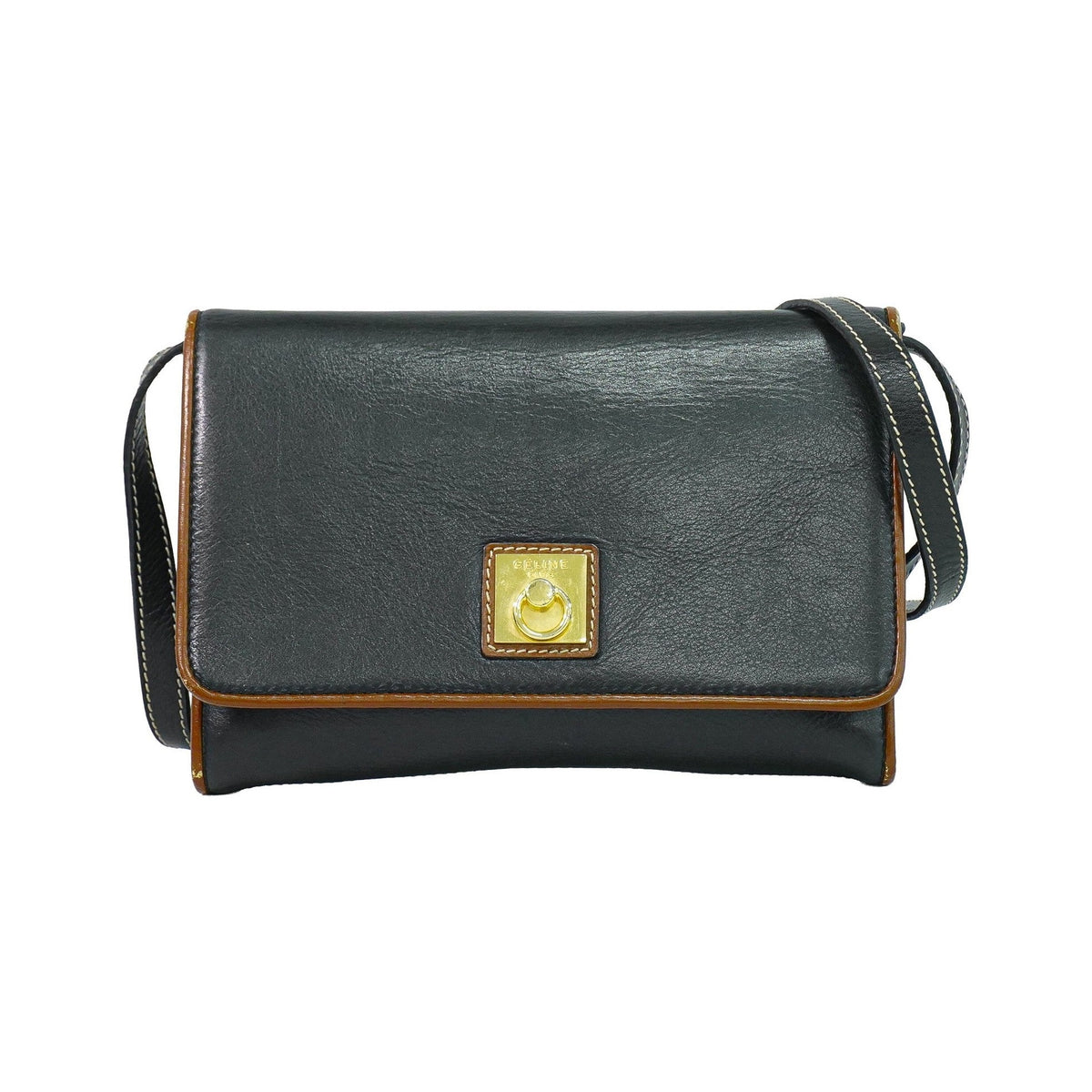 Celine Flap Shoulder Leather, Black, Leather, Shoulder Bag