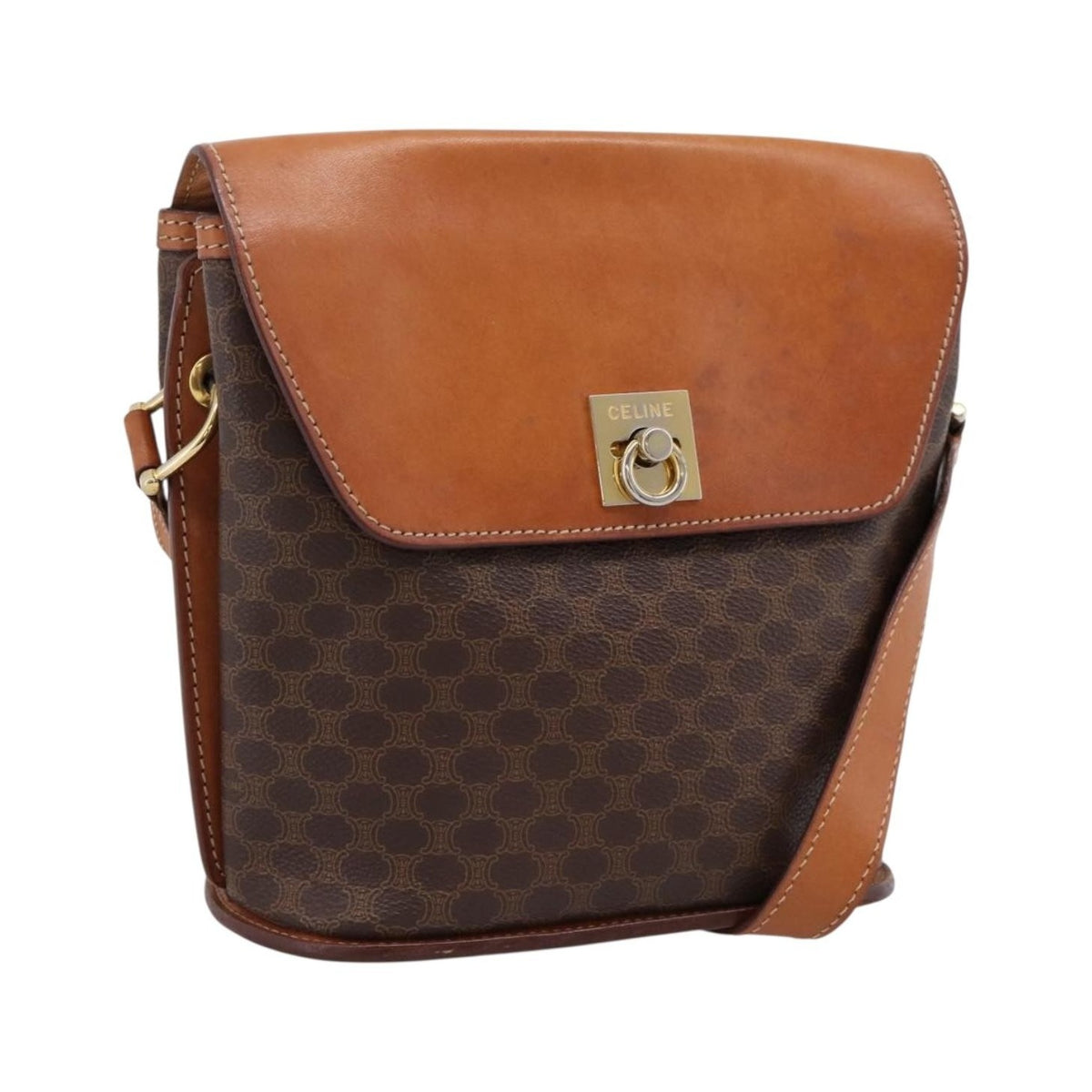 Celine Macadam Leather, Brown, Canvas, Shoulder Bag