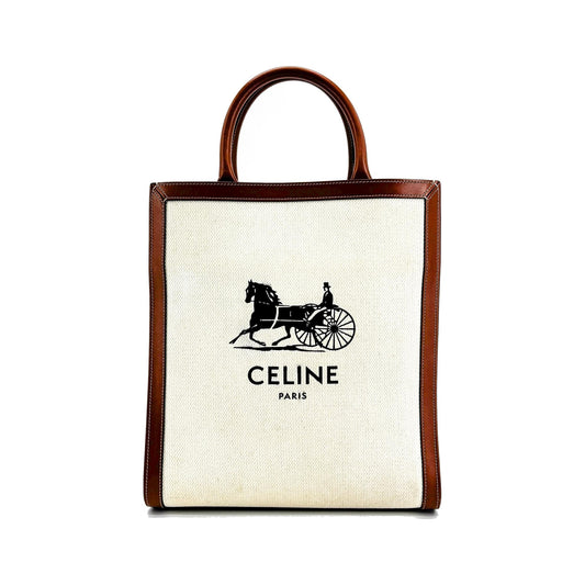 Celine Vertical Cabas Canvas with Leather, White, Canvas, Tote Bag