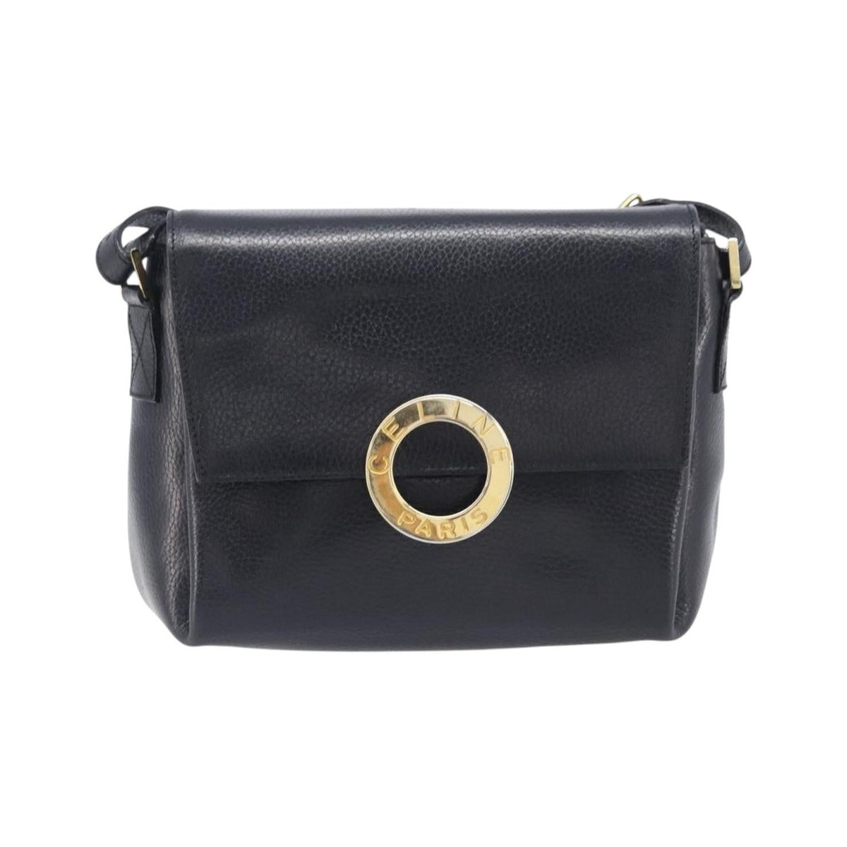 Celine Vintage Circle Logo Leather, Black, Leather, Crossbody Bag