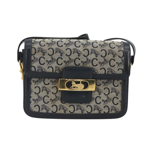 Celine Vintage Horse Carriage C Macadam Canvas and Leather, Navy, Canvas, Shoulder Bag