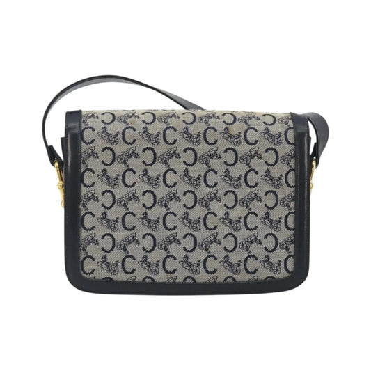Celine Vintage Horse Carriage C Macadam Canvas and Leather, Navy, Canvas, Shoulder Bag