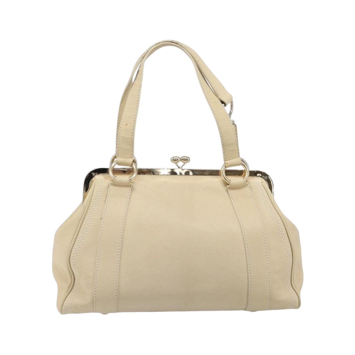 Celine Vintage Kisslock Frame Leather, Beige, Leather, Handbag