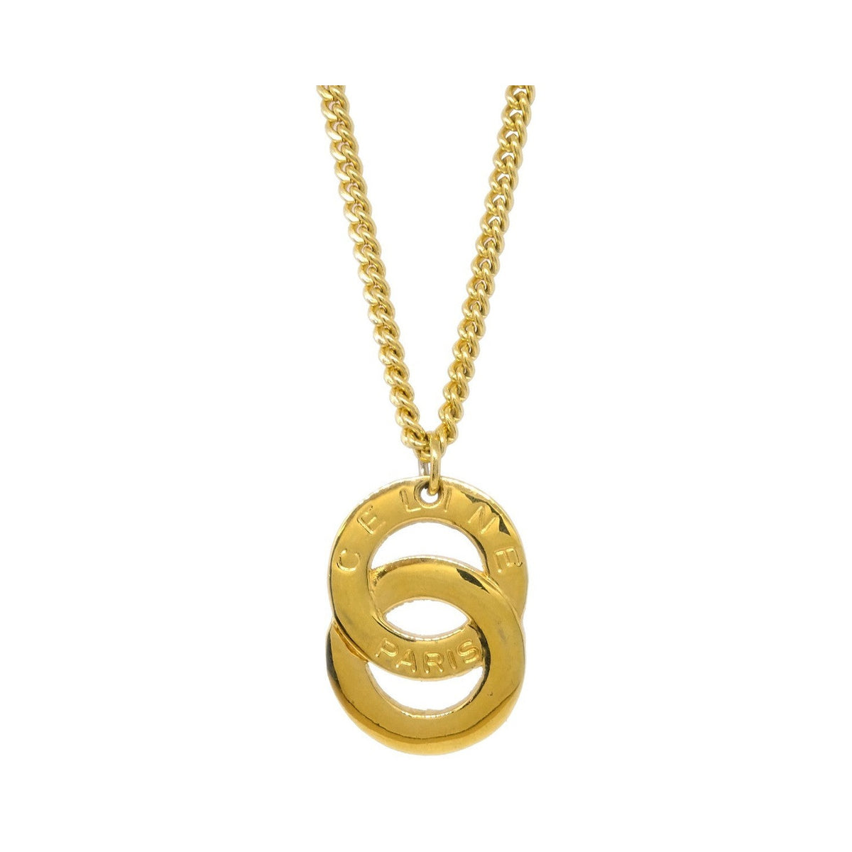 Celine Vintage Logo Circle Pendant Metal, Gold, Gold Plated, Necklace