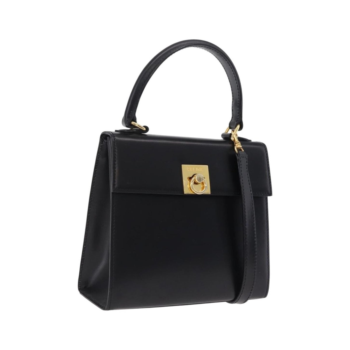 Celine Vintage Logo Top Handle Leather, Black, Leather, Handbag