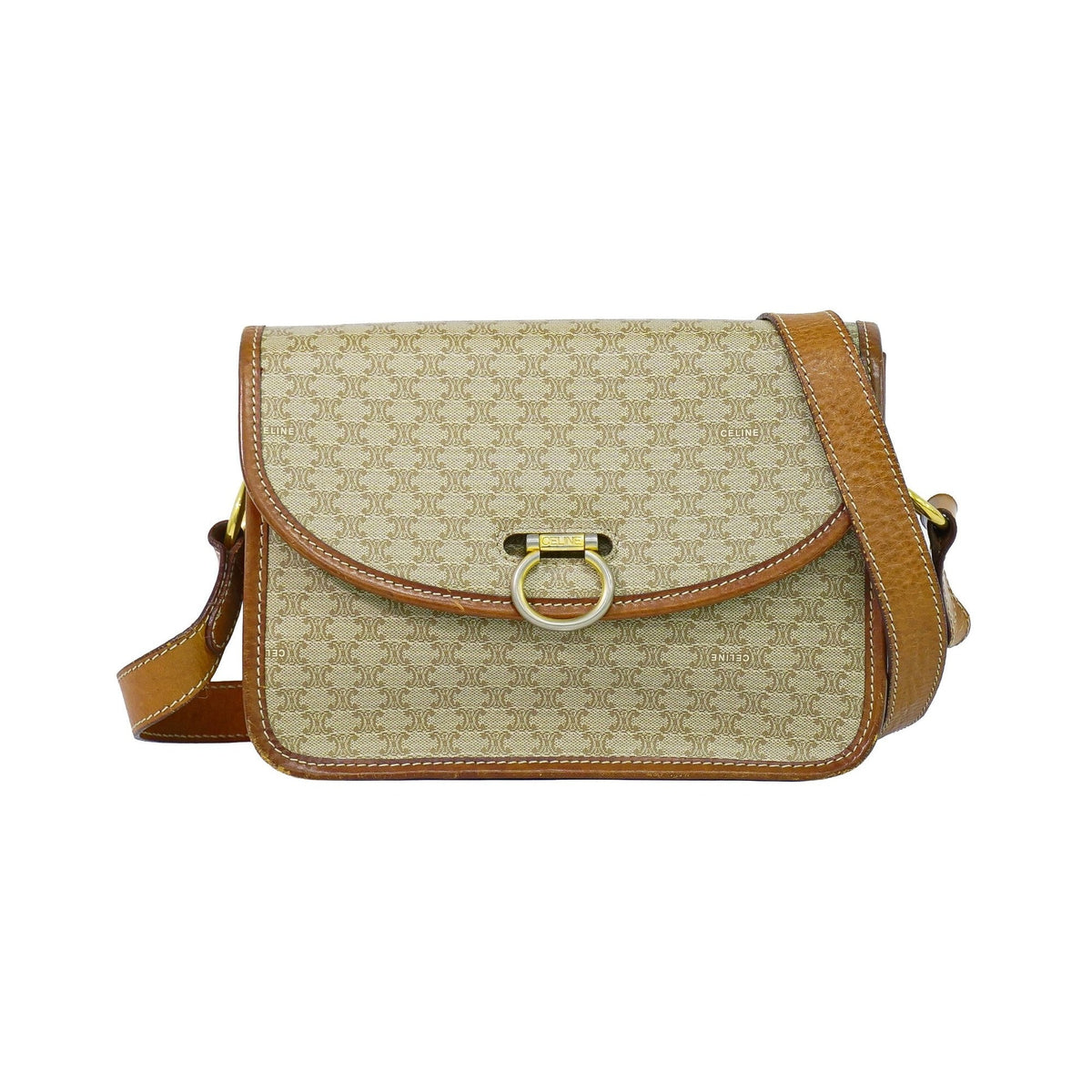 Celine Vintage Macadam Canvas and Leather, Beige, Canvas, Shoulder Bag