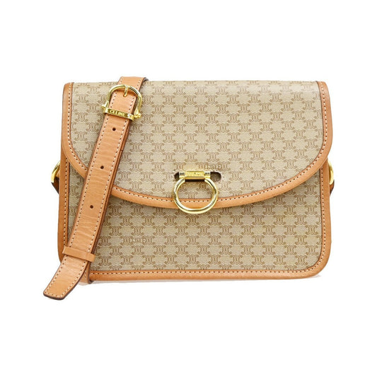 Celine Vintage Macadam Circle Logo Canvas and Leather, Beige, PVC, Shoulder Bag